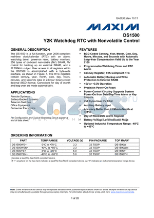 DS1500 datasheet - Y2K Watchdog RTC with Nonvolatile Control
