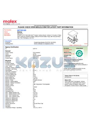 87759-1265 datasheet - 2.00mm (.079) Pitch Milli-Grid Header, Surface Mount, Vertical, 12 Circuits, 0.76lm (30l) Gold (Au) Selective Plating, without Press-fit Plastic Pegs