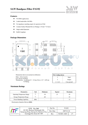 F1G92 datasheet - SAW Bandpass Filter