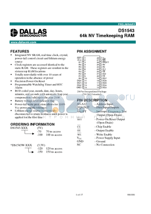 DS1543-100 datasheet - 64k NV Timekeeping RAM