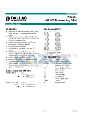 DS1543W-100 datasheet - 64k NV Timekeeping RAM