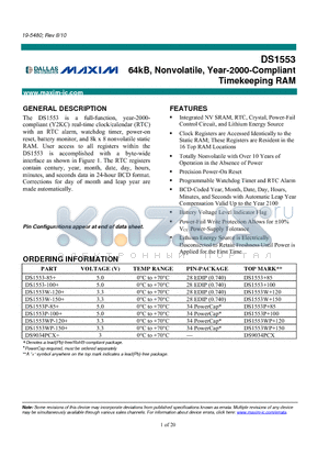 DS1553W-150+ datasheet - 64kB, Nonvolatile, Year-2000-Compliant Timekeeping RAM