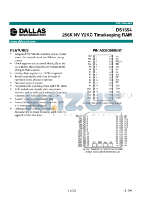 DS1554 datasheet - 256K NV Y2KC Timekeeping RAM