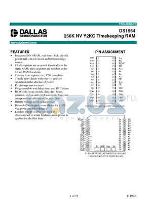 DS1554-100 datasheet - 256K NV Y2KC Timekeeping RAM