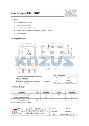 F1G73 datasheet - SAW Bandpass Filter