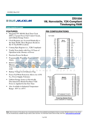 DS1556P-70+ datasheet - 1M, Nonvolatile, Y2K-Compliant Timekeeping RAM