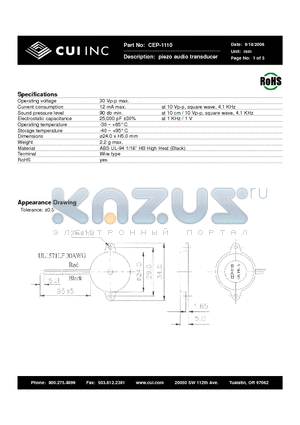 CEP-1110 datasheet - piezo audio transducer