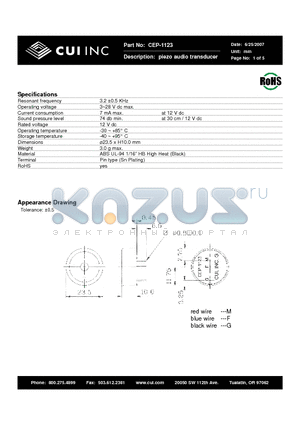 CEP-1123 datasheet - piezo audio transducer
