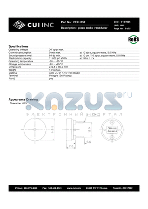 CEP-1152 datasheet - piezo audio transducer