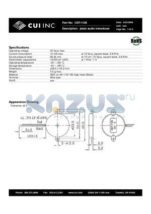 CEP-1126 datasheet - piezo audio transducer