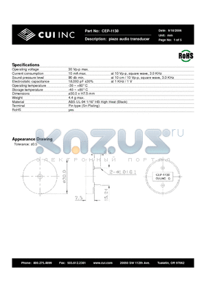 CEP-1130 datasheet - piezo audio transducer