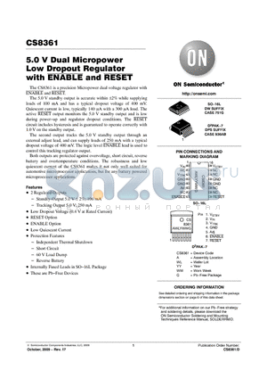 CS8361YDPS7G datasheet - 5.0 V Dual Micropower Low Dropout Regulator with ENABLE and RESET