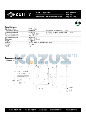 CEP-1141 datasheet - piezo telephone ringer