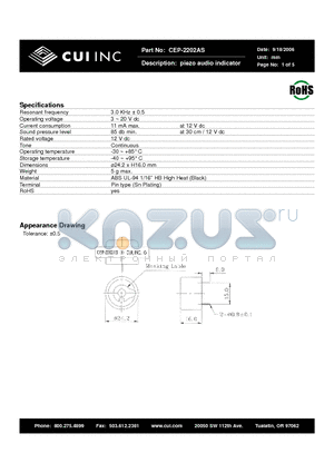 CEP-2202AS datasheet - piezo audio indicator