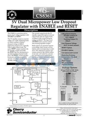 CS8361YDWFR16 datasheet - 5V Dual Micropower Low Dropout Regulator with ENABLE and RESET
