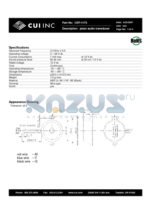 CEP-1173 datasheet - piezo audio transducer