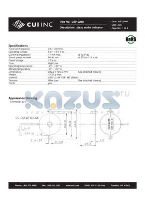 CEP-2280 datasheet - piezo audio indicator