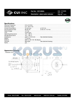 CEP-2260A datasheet - piezo audio indicator