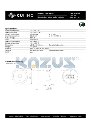 CEP-2272A datasheet - piezo audio indicator