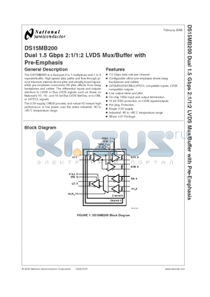 DS15MB200TSQ datasheet - Dual 1.5 Gbps 2:1/1:2 LVDS Mux/Buffer with Pre-Emphasis