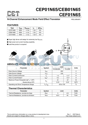 CEP01N65 datasheet - N-Channel Enhancement Mode Field Effect Transistor