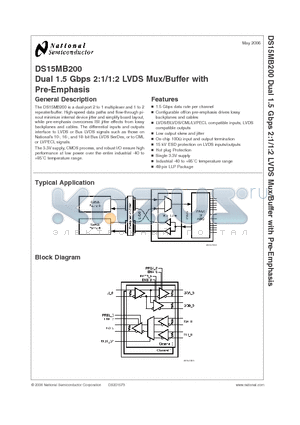 DS15MB200TSQ datasheet - Dual 1.5 Gbps 2:1/1:2 LVDS Mux/Buffer with Pre-Emphasis