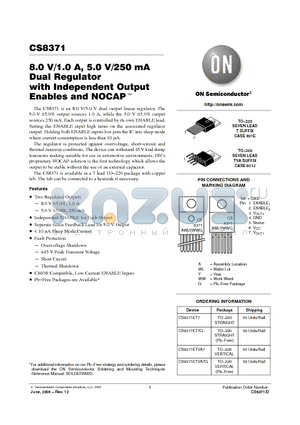 CS8371ETVA7 datasheet - 8.0 V/1.0 A, 5.0 V/250 mA Dual Regulator with Independent Output Enables and NOCAP