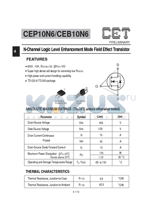 CEP10N6 datasheet - N-Channel Logic Level Enhancement Mode Field Effect Transistor