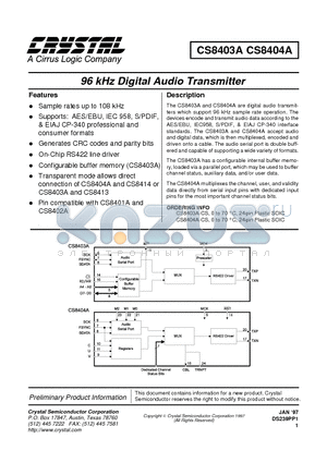 CS8403 datasheet - 96KHZ DIGITAL AUDIO TRANSMITTER