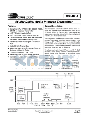 CS8405A datasheet - 96 kHz Digital Audio Interface Transmitter