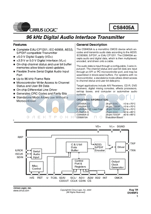 CS8405A-CZZ datasheet - 96 kHz Digital Audio Interface Transmitter