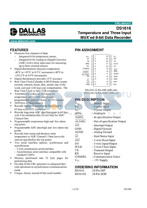 DS1616S datasheet - Temperature and Three Input MUXed 8-bit Data Recorder