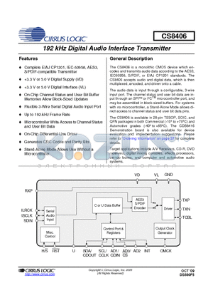 CS8406 datasheet - 192 kHz Digital Audio Interface Transmitter