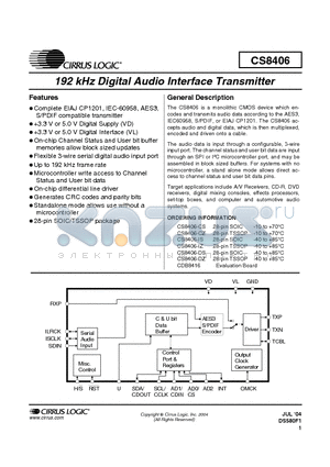 CS8406-CS datasheet - 192 KHZ DIGITAL AUDIO INTERFACE TRANSMITTER