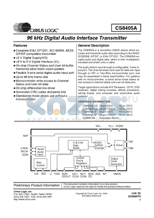 CS8405A-IZ datasheet - 96 KHZ DIGITAL AUDIO INTERFACE TRANSMITTER