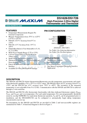 DS1626_07 datasheet - High-Precision 3-Wire Digital Thermometer and Thermostat