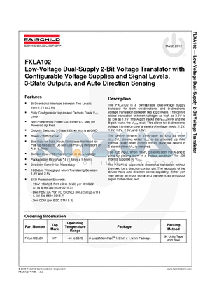 FXLA102L8X_12 datasheet - Low-Voltage Dual-Supply 2-Bit Voltage Translator with Configurable Voltage Supplies and Signal Levels, 3-State Outputs, and Auto Direction Sensing