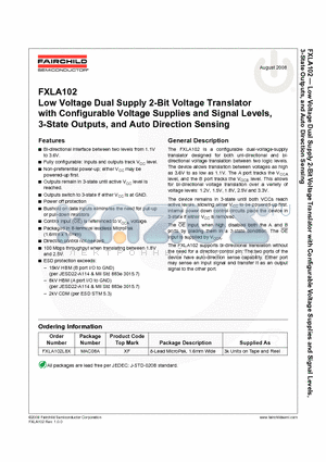 FXLA102 datasheet - Low Voltage Dual Supply 2-Bit Voltage Translator with Configurable Voltage Supplies and Signal Levels, 3-State Outputs, and Auto Direction Sensing