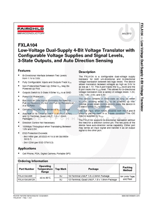 FXLA104UM12X_12 datasheet - Low-Voltage Dual-Supply 4-Bit Voltage Translator with Configurable Voltage Supplies and Signal Levels, 3-State Outputs, and Auto Direction Sensing