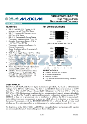 DS1631AU/TR datasheet - High-Precision Digital Thermometer and Thermostat