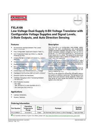 FXLA108 datasheet - Low-Voltage Dual-Supply 8-Bit Voltage Translator with Configurable Voltage Supplies and Signal Levels, 3-State Outputs, and Auto Direction Sensing