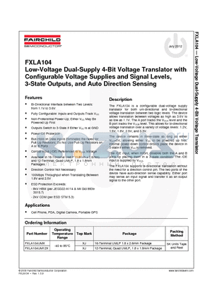 FXLA104UMX_12 datasheet - Low-Voltage Dual-Supply 4-Bit Voltage Translator with Configurable Voltage Supplies and Signal Levels, 3-State Outputs, and Auto Direction Sensing