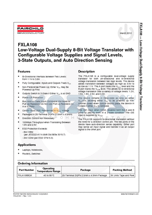 FXLA108BQX_12 datasheet - Low-Voltage Dual-Supply 8-Bit Voltage Translator with Configurable Voltage Supplies and Signal Levels, 3-State Outputs, and Auto Direction Sensing