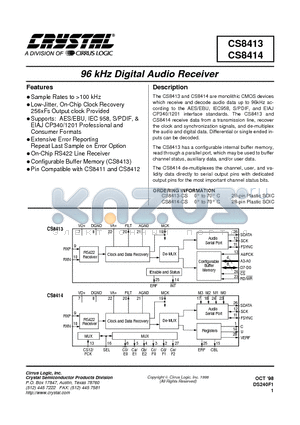 CS8414 datasheet - 96 KHZ DIGITAL AUDIO RECEIVER