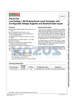 FXLH1T45L6X datasheet - Low Voltage 1-Bit Bi-directional Level Translator with Configurable Voltage Supplies and Bushold Data Inputs