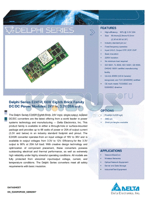 E24SR3R320NNFA datasheet - Delphi Series E24SR, 66W Eighth Brick Family DC/DC Power Modules: 24V in, 3.3V/20A out