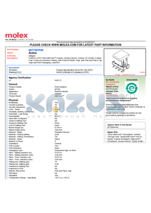 87759-7630 datasheet - 2.00mm (.079) Pitch Milli-Grid Header, Surface Mount, Vertical, 16 Circuits, 0.38lm (15l) Gold (Au) Selective Plating, with Press-fit Plastic Pegs, with Pick-and-Place Cap