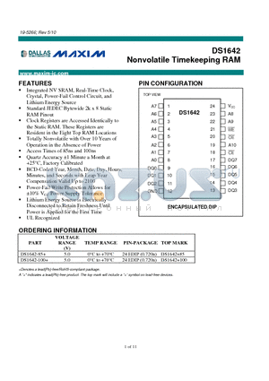 DS1642 datasheet - Nonvolatile Timekeeping RAM