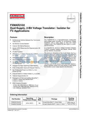 FXMAR2102 datasheet - Dual-Supply, 2-Bit Voltage Translator / Isolator for I2C Applications