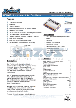 FXO-HC52 datasheet - HCMOS 5 x 3.2mm 2.5V Oscillator